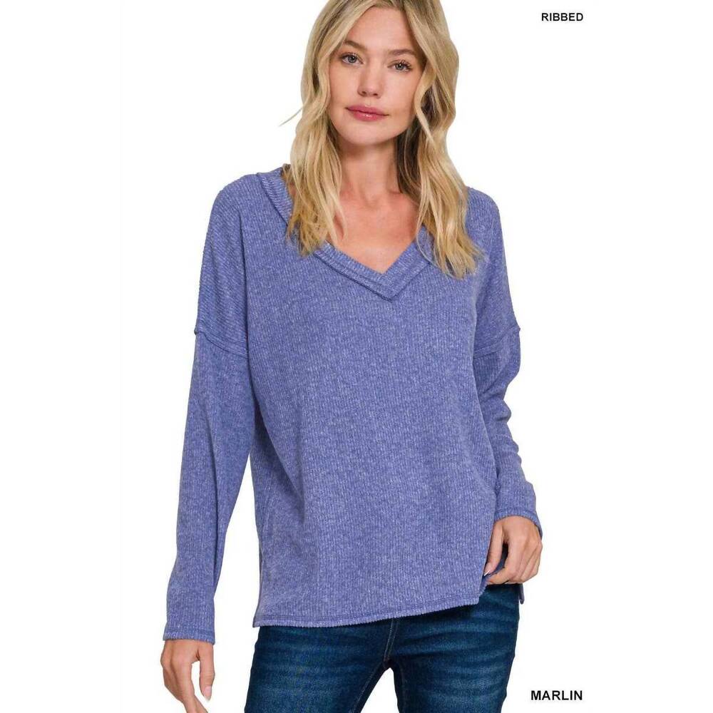 NEW 42POPS ribbed v neck drop shoulder sweater in marlin blue